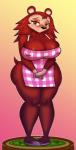 anthro apron blush breasts brown_body brown_fur character_miniature clothing eyelashes female fur gradient miniature_model shy simple_background slightly_chubby smile solo thick_thighs wide_hips allannocte amiibo animal_crossing nintendo sable_able eulipotyphlan hedgehog mammal 2017