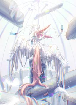 ambiguous_gender blue_eyes bow_(anatomy) column feathered_wings feathers feral fur glitch looking_at_viewer looking_back pink_body pink_fur ribbons_(anatomy) solo tail white_body white_feathers wings momu_shi_36 nintendo pokemon eeveelution generation_6_pokemon pokemon_(species) sylveon 2024 hi_res