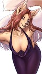 anthro areola breasts brown_body brown_fur brown_hair brown_tail claws clothed clothed_anthro clothed_female clothing dress female finger_claws fingers fur hair inner_ear_fluff looking_at_viewer nipples pink_eyes smile solo tail teeth tuft pizhma canid canine fox mammal 2025 digital_media_(artwork) hi_res