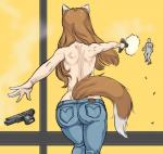 animal_ears bare_back blood bodily_fluids bottomwear brown_hair butt clothed clothing denim denim_bottomwear denim_clothing dipstick_ears dipstick_tail duo ear_markings female gun hair handgun hat headgear headwear holding_gun holding_handgun holding_object holding_pistol holding_ranged_weapon holding_weapon jeans long_hair markings multicolored_ears multicolored_tail muzzle_flash pants parody pistol ranged_weapon rear_view shooting simple_background smoking_gun solo_focus tail tail_markings text text_on_bottomwear text_on_clothing text_on_pants topless topless_female weapon baalbuddy grand_theft_auto rockstar_games spice_and_wolf holo_(spice_and_wolf) animal_humanoid canid canid_humanoid canine canine_humanoid human humanoid mammal mammal_humanoid tailed_humanoid wolf_humanoid 2011 digital_media_(artwork) portrait three-quarter_portrait