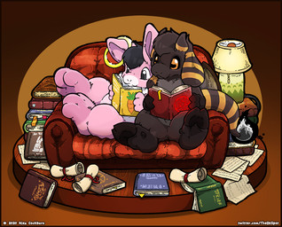anthro black_body black_fur black_hair book chibi duo female fur furniture hair lamp male pink_body pink_fur scroll sofa text o-kemono bovid caprine demon goat lagomorph leporid mammal rabbit 2020 digital_drawing_(artwork) digital_media_(artwork) url
