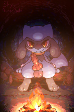 animal_genitalia animal_penis anthro balls blue_body blue_fur blush bodily_fluids campfire canine_genitalia canine_penis cave cute_fangs erection fangs forest forest_background fur genitals grin grinning_at_viewer knot knotted_penis looking_at_viewer male male_anthro nature nature_background nude penis plant presenting presenting_penis smile smiling_at_viewer solo tail teeth tree young young_anthro young_male bundefault nintendo pokemon canid canine generation_4_pokemon mammal pokemon_(species) riolu 2:3 dialogue_in_description shaded