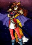 anthro biped blue_eyes cape clothed clothing ear_piercing epaulet female gloves hair handwear magic_user melee_weapon piercing red_hair solo sword weapon tracy_j._butler ironclaw_(rpg) lina_inverse mavra canid canine fox mammal 1999 traditional_media_(artwork)