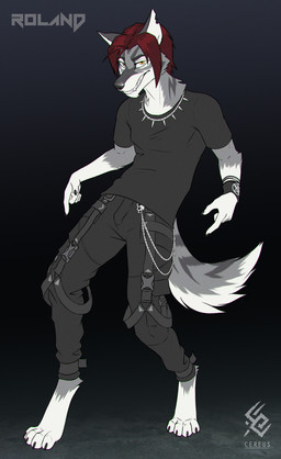 anthro barefoot black_bottomwear black_clothing black_nose black_pants black_shirt black_t-shirt black_topwear bottomwear chain cheek_tuft clothed clothing facial_tuft fangs feet front_view fur gloves_(marking) grey_body grey_fur grin hair logo looking_at_viewer male male_anthro markings neck_tuft pants red_hair shirt simple_background smile solo standing t-shirt teeth text topwear tuft white_body white_fur yellow_eyes cereus93 canid canine mammal absurd_res artist_logo artist_name hi_res
