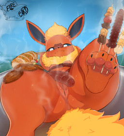 anthro barbecue barbecue_grill big_butt bodily_fluids bottomless bottomless_anthro bottomless_female breasts butt clothed clothing female female_anthro fluffy fluffy_tail food food_fetish food_on_body food_on_face food_play fur genitals glistening glistening_body looking_at_viewer nipples nude nude_anthro nude_female paws pose pupils raised_leg red_body small_breasts solo spread_legs spreading steam sweat sweaty_butt sweaty_legs sweaty_thighs tail text thick_thighs topless topless_anthro topless_female vulva wide_hips firebirddraws nintendo pokemon avian bird canid canine eeveelution flareon generation_1_pokemon mammal pokemon_(species) absurd_res artist_name colored detailed digital_drawing_(artwork) digital_media_(artwork) hi_res shaded signature