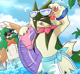 3_fingers ambiguous_gender anthro beak brown_body brown_feathers clothing duo eyewear eyewear_on_head feathers fingers flower_(anatomy) fur green_body green_fur green_tail holowear_(pokemon) jagged_mouth mask open_mouth pawpads paws pink_eyes pink_nose sunglasses sunglasses_on_head swimming_trunks swimwear tail water wearing_sunglasses wings thatsquirrelly nintendo pokemon pokemon_unite beach_style_meowscarada decidueye generation_7_pokemon generation_9_pokemon meowscarada pokemon_(species) 2026 absurd_res hi_res
