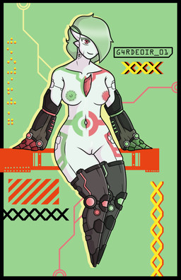 binary_code clothing crop_top cybernetic_arm cybernetic_limb cybernetics cyberpunk female green_and_red green_body green_hair hair horn machine midriff multicolored_body shirt solo tattoo topwear underwear whiz(g4rdeoir_01)_(nickzilla) x_symbol imjustcami nintendo pokemon cyborg gardevoir generation_3_pokemon humanoid pokemon_(species) hi_res