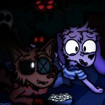 anthro clothed clothing duo fangs food fur horn male movie_night open_mouth popcorn purple_body purple_fur simple_background smile spooked tail teeth midnightbatizer alex_wells canid canine canis domestic_dog fox mammal 1:1 digital_media_(artwork)
