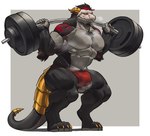 abs accessory anthro arm_hair barbell_squats beard black_body black_hair black_sclera blue_eyes bodily_fluids body_hair breath bulge chest_hair claws clothed clothing crouching detailed_bulge facial_hair furgonomics gold_(metal) gold_jewelry grey_background hair horn jewelry jockstrap jockstrap_only male markings mask muscular muscular_anthro muscular_male panting pecs quads red_clothing red_hair red_markings red_underwear simple_background skull_mask solo steam sweat sweaty_arms sweaty_chest sweaty_face tail tail_accessory toe_claws topless underwear underwear_only wet white_background yellow_horn teseirei mythology zyruse dragon mythological_creature mythological_scalie scalie 2024 digital_drawing_(artwork) digital_media_(artwork) hi_res