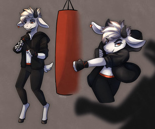anthro clothing ear_piercing exercise female fingerless_gloves fur gloves hair handwear hoodie horn piercing punching_bag smile solo tattoo topwear workout okaliz vasira bovid caprine goat mammal 6:5 absurd_res digital_media_(artwork) hi_res