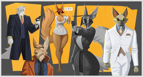 belt big_breasts black_nose black_sclera breasts broad_shoulders brown_body brown_eyes brown_fur cleavage_cutout clothed clothing condom condom_wrapper cutout dress ears_down ears_up eyebrows eyeliner facial_markings fangs_bared female fist fluffy fluffy_ears fluffy_tail frown fully_clothed fur gesture green_eyes grimace group gun hair hand_gesture handgun handkerchief head_markings jacket kerchief long_ears long_jacket looking_at_another low-angle_view makeup male markings muscular muscular_male necktie noir offering_to_viewer pistol pivoted_ears pockets pointing pointing_at_another pointing_gun_at_viewer ranged_weapon red_hair revolver sexual_barrier_device short_dress simple_background speech_bubble suit suit_jacket tail thick_eyebrows thick_thighs topwear vest weapon white_body white_fur yellow_body yellow_eyes yellow_fur hiverdose ilia_(hiverdose) irv_(hiverdose) unnamed_character canid canine canis jackal mammal unknown_species wolf digital_media_(artwork) hi_res