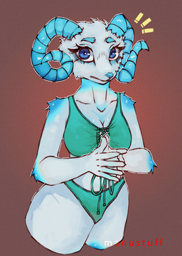 anthro blue_eyes blue_markings breasts clothed clothing female fur green_clothing green_panties green_shirt green_tank_top green_topwear green_underwear horn lace markings panties shirt simple_background solo tank_top topwear underwear white_body white_fur manustuff bovid caprine mammal sheep colored digital_media_(artwork) hi_res portrait three-quarter_portrait