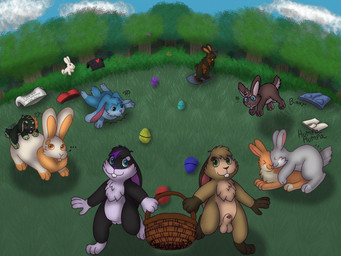 ambiguous_gender basket clothing container easter_basket easter_egg female feral frolicking genitals group group_transformation holidays hoping male penis sex transformation vulva orangestheasd easter lagomorph mammal 4:3 hi_res