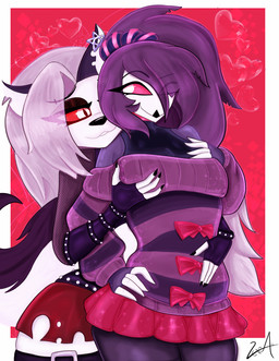 accessory anthro armwear beak clothed clothing duo feathers female female/female fur glistening hair hair_accessory hair_over_eye hand_on_chest hand_on_hip handwear headgear headwear heart_symbol holidays long_hair looking_at_another pink_eyes purple_hair red_sclera simple_background sweater tail topwear white_body white_fur vexter_arts hellaverse helluva_boss mythology valentine's_day loona_(helluva_boss) octavia_(helluva_boss) avian bird canid canid_demon canine demon hellhound mammal mythological_canine mythological_creature owl owl_demon absurd_res digital_media_(artwork) hi_res