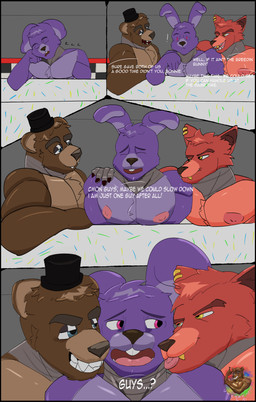anthro barazoku blep blue_eyes ear_piercing exclamation_point fur group hair machine male male/male nipples nude pecs piercing simple_background sleeping text tongue tongue_out trio yellow_eyes unknowinglytea five_nights_at_freddy's scottgames bonnie_(fnaf) foxy_(fnaf) freddy_(fnaf) animatronic bear canid canine fox lagomorph leporid mammal rabbit robot absurd_res comic digital_media_(artwork) english_text hi_res