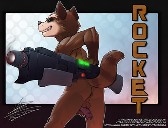 anthro anus backsack balls butt foreskin genitals humanoid_genitalia humanoid_penis male nude penis solo text weapon raccoondouglas guardians_of_the_galaxy marvel rocket_raccoon mammal procyonid raccoon url