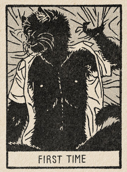 anthro bed black_body black_fur bottomless clothed clothing dotted_background eyes_closed fur furniture grabbing_sheets lying lying_on_bed male monotone_body navel nipples on_back on_bed open_clothing open_shirt open_topwear pattern_background shirt simple_background solo spread_legs spreading stated_virginity suggestive text topwear virgin danielpup domestic_cat felid feline felis mammal english_text greyscale monochrome