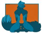 animal_genitalia animal_penis anthro balls big_balls big_penis blue_body blue_fur canine_genitalia canine_penis fluffy fluffy_tail fur genitals hair kissing_marks kneeling knot male orange_eyes orange_penis penis smile smirk solo tail doorwayhazard canid canine mammal absurd_res hi_res