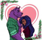 abs anthro big_muscles black_nose canon_couple clothed clothing duo eyes_closed female fur hair male muscular open_clothing open_shirt open_topwear pecs plaid purple_body purple_fur romantic romantic_ambiance romantic_couple shirt standing topwear wolfmaster cartoon_network mythology ok_k.o.!_let's_be_heroes bernard_(ok_k.o.!_lbh) wilhamena canid canine canis mammal mythological_canine mythological_creature vampire were werecanid werecanine werewolf wolf 2017