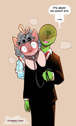 blue_hair blue_tail blush bodily_fluids clothing collar cutie_mark dialogue duo eyelashes female feral fingers fur glowing glowing_eyes green_body green_skin hair hooves leash male necktie open_mouth pink_body pink_fur quadruped question_mark speech_bubble suit sweat tail teeth text wings cold-blooded-twilight friendship_is_magic hasbro my_little_pony mythology anon cozy_glow_(mlp) equid equine human mammal mythological_creature mythological_equine pegasus 2025 3:5 artist_name english_text hi_res