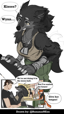 anthro blue_eyes breasts claws dialogue dog_tags female solo text bananasneon lock_(vitaflesh) wynn_(vitaflesh) canid canine canis domestic_dog fox human mammal wolf absurd_res comic english_text hi_res