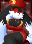 anthro bedroom_eyes big_breasts breasts bulging_breasts cleavage cleavage_overflow clothed clothing crossgender female gloves half-closed_eyes handwear huge_breasts looking_at_viewer narrowed_eyes seductive simple_background smile solo white_clothing white_gloves white_handwear slickehedge bandai_namco klonoa_(series) klonoa domestic_cat felid feline felis mammal hi_res