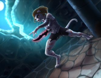 4_toes 5_fingers anthro barefoot blood bodily_fluids breasts brown_hair clothed clothing detailed_background digitigrade feet female fingers hair knight solo toes warrior omesore microsoft the_elder_scrolls sheta felid feline khajiit mammal pantherine tiger vampire 2018 digital_media_(artwork) hi_res