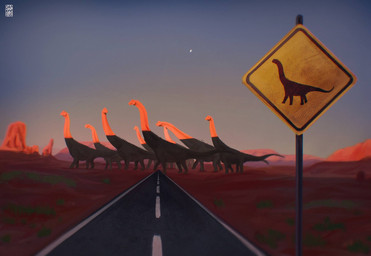 ambiguous_gender back_spines blue_sky caution_sign crossing_sign day desert detailed_background feral grass group long_neck looking_at_another mesa_(landscape) mountain orange_body plant plantigrade quadruped road sign sky star sunset tail tapering_tail thick_tail walking darknesus brachiosaurid brachiosaurus dinosaur macronarian prehistoric_species reptile saurischian sauropod sauropodomorph scalie 2026 digital_media_(artwork) digital_painting_(artwork) hi_res painting_(artwork) shaded signature soft_shading