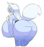 big_breasts big_butt breasts butt butt_focus female grey_hair hair huge_breasts huge_butt huge_thighs hyper hyper_breasts hyper_butt looking_at_viewer looking_back purple_eyes rear_view simple_background smile solo standing tail thick_thighs futon_(artist) hakusen animal_humanoid canid canid_humanoid canine canine_humanoid fox_humanoid humanoid mammal mammal_humanoid hi_res