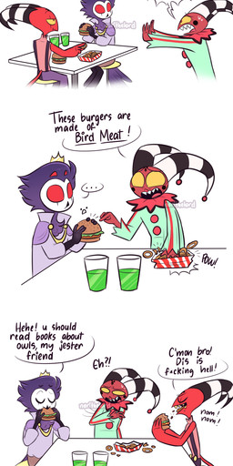 3_panel_comic 4_eyes anthro beak black_body black_feathers bodily_fluids burger censored_profanity chicken_meat clothed clothing clown_costume constricted_pupils container crown cup dialogue drinking_glass eating eating_food ellipsis empty_eyes eyes_closed feather_hair feathers food furniture gesture glass glass_container glass_cup green_liquid green_onesie group hand_gesture headgear holding_burger holding_food holding_object horn male meat motion_lines multi_eye nom onesie onion_rings panicking pink_clothing pink_shirt pink_topwear pointing pointing_at_food pseudo_hair pupils question_mark red_body red_eyes red_skin shirt simple_background sitting sleeveless_shirt small_pupils striped_horn stripes suspenders sweat table tear_trough text topwear trio white_background white_face yelling yellow_sclera norithelord hellaverse helluva_boss blitzo_(helluva_boss) fizzarolli_(helluva_boss) stolas_(helluva_boss) avian bird demon humanoid imp owl owl_demon 2022 absurd_res artist_name comic english_text hi_res watermark