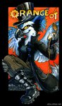 anthro beak black_border blue_body blue_feathers boots border bottomwear clock clothed clothing feathers female footwear hat headgear headwear jacket orange_background orange_eyes pants pocketwatch shoes simple_background solo text top_hat topwear watch wings yellow_sclera amara_telgemeier orange04_(character) avian bird blue_jay canid canine canis corvid hybrid jackal jay_(bird) mammal new_world_jay oscine passerine 2008 character_badge_(artwork) url