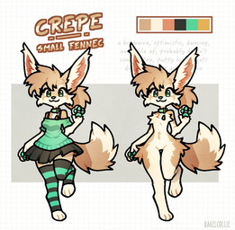 anthro big_ears black_bottomwear black_clothing black_skirt blush bottomwear bra brown_bra brown_clothing brown_underwear cheek_tuft clothed clothing collar color_swatch duo eyelashes facial_tuft featureless_crotch female fluffy fluffy_tail front_view fur green_clothing green_collar green_eyes green_pawpads green_sclera green_sweater green_topwear hair hair_over_eye legwear multiple_angles nude pattern_clothing pattern_legwear pattern_thigh_highs pawpads pleated_skirt pointy_ears short_female size_difference skirt smaller_female striped_clothing striped_legwear striped_thigh_highs stripes sweater tail tan_body tan_fur text thigh_highs topwear tuft underwear white_body white_fur bagelcollie get_them_bigass_ears_out_of_the_caption crepe_(bagelcollie) canid canine fennec_fox fox mammal true_fox 2024 artist_name character_name digital_media_(artwork) english_text model_sheet
