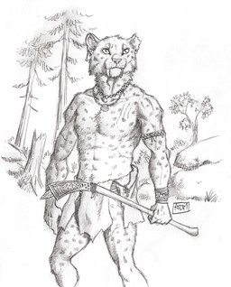 5_fingers anthro arm_scar armlet bone bottomwear bracelet chest_scar clothing club_(weapon) ear_piercing fingers grass holding_club holding_melee_weapon holding_object holding_weapon jewelry loincloth looking_forward male melee_weapon necklace outside piercing plant scar shell solo standing tree weapon 0laffson felid mammal prehistoric_species saber-toothed_tiger 2018 graphite_(artwork) hi_res signature traditional_media_(artwork)