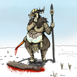 anthro belly big_belly blood bodily_fluids bone bronze_(metal) female horn hunter magic_user melee_weapon polearm pregnant pregnant_anthro pregnant_female shaman snow solo spear tribal_spellcaster weapon vwpologt deer mammal 1:1 hi_res