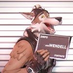 anthro armor brown_body brown_fur clothing fingerless_gloves fur gloves handwear headgear helmet holding_object humanoid_hands looking_at_viewer male mugshot open_mouth open_smile smile solo text yellow_sclera dollymolly323 barbie_and_ken_mugshot_meme epic_games fortnite wendell_(fortnite) canid canine canis mammal wolf 1:1 2023 3d_(artwork) blender_(artwork) bust_portrait digital_media_(artwork) english_text hi_res meme portrait