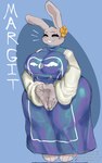 anthro big_breasts breasts buckteeth clothing cosplay delta_rune_(emblem) dress eyes_closed feet female flower_on_head huge_breasts nipple_outline smile solo symbol symbol_on_clothing teeth text thick_thighs tight_clothing wide_hips dagothurfanclub dagothurunfclub margit undertale undertale_(series) toriel lagomorph leporid mammal rabbit english_text hi_res