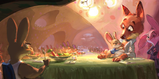 ambiguous_gender anthro bowl carrot clothed clothing collar container crossed_arms crowd cutlery food fork fully_clothed fur furniture grey_body grey_fur group inside kitchen_utensils light one_ear_up orange_body orange_fur plant police police_uniform shirt shock_collar sitting smile standing table tan_body tan_fur tools topwear uniform vegetable whiskers white_body white_fur dan_cooper disney zootopia judy_hopps nick_wilde canid canine fox lagomorph leporid mammal rabbit red_fox true_fox hi_res lighting official_art