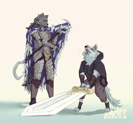 3_toes 5_fingers anthro arm_wraps armor barefoot black_nose blue_eyes bodily_fluids bottomwear cape cloak clothed clothing duo feet fingers fur grey_body grey_fur hindpaw humanoid_hands leg_wraps male melee_weapon open_mouth pants paws sickle size_difference standing struggling sweat sword teeth toes tongue tongue_out weapon white_body white_fur wraps dampprints dreamworks elden_ring fromsoftware puss_in_boots_(franchise) blaidd_(elden_ring) death_(puss_in_boots) canid canine canis mammal wolf 2023 crossover hi_res signature