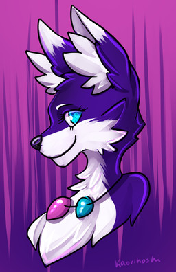 anthro blue_eyes chest_tuft female fur heterochromia jewelry looking_at_viewer necklace purple_body purple_fur side_view simple_background smile solo text tuft white_body kaorisorahoshi tanti canid canine fox mammal 2022 artist_name bust_portrait colored digital_media_(artwork) hi_res portrait shaded signature trans_(lore) trans_woman_(lore)