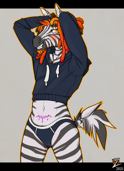 andromorph anthro clothing crop_top dreadlocks intersex panties shirt solo topwear underwear womb_tattoo rj_zenith rj_(rj_zenith) equid equine mammal zebra hi_res