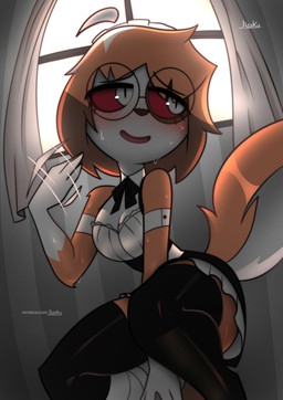 anthro biped blush bodily_fluids breasts clothing detailed_background eyelashes eyewear female fingers fur glasses legwear maid_uniform multicolored_body multicolored_fur multicolored_tail orange_body orange_fur orange_tail red_sclera small_waist smile solo sweat tail thigh_highs uniform white_body white_eyes white_fur white_tail jizoku hellaverse helluva_boss mythology fan_character sol_(jizoku) canid canid_demon canine demon hellhound mammal mythological_canine mythological_creature 2025 absurd_res hi_res