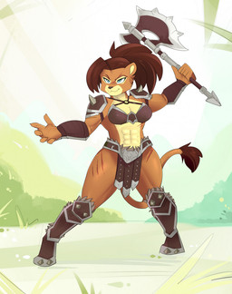 abs anthro armor axe bikini_armor blue_eyes boots brown_hair claw_marks clothing female footwear gauntlets gloves hair handwear melee_weapon muscular muscular_anthro muscular_female ponytail scar shoes solo unconvincing_armor weapon zinnick sashura_bloodfang felid lion mammal pantherine hi_res