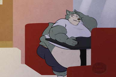 5_fingers abstract_background anthro arm_tuft belly belly_overhang belly_squish belly_tuft booth booth_seating chubby_cheeks claws clothing facial_scar facial_tuft fat_folds finger_claws fingers footwear fur glass grey_body grey_fur hand_on_face looking_down love_handles male moobs multicolored_body multicolored_fur obese obese_anthro obese_male overweight overweight_anthro overweight_male restaurant scar shirt shoes solo squish tail tan_body tan_fur text thick_arms thick_thighs topwear tuft wardrobe_malfunction white_clothing white_shirt white_topwear worried_look wound_on_face wrist_tuft basicbiscuit beastars legoshi_(beastars) canid canine canis hybrid mammal wolf artist_name hi_res