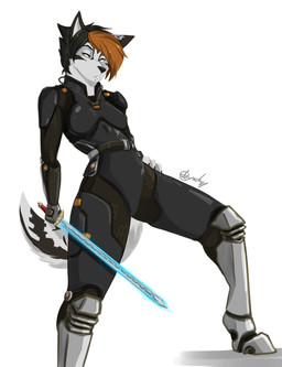anthro armor black_hair breasts brown_hair clothed clothing female fur green_eyes hair melee_weapon multicolored_hair simple_background small_breasts solo sword tight_clothing two_tone_hair weapon white_background white_body white_fur leokingdom fallout microsoft kiba_(leokingdom) canid canine canis domestic_dog husky mammal nordic_sled_dog spitz hi_res