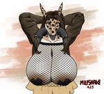 anthro big_breasts big_nipples blonde_hair breasts brown_hair clothed clothing curvy_figure female fishnet_clothing furgonomics hair huge_breasts nipple_tape nipples pasties solo tape milfshake rika_musashi fish ground_shark leopard_shark marine shark triakid bust_portrait hi_res portrait