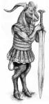 anthro armor facial_hair fangs fur hooves horn leaf_bladed_sword living_tail male melee_weapon simple_background snake_tail solo spatha sword tail teeth unusual_anatomy unusual_tail weapon white_background arkat-kingtrollkin glorantha bovid broo caprine goat hybrid mammal reptile scalie snake greyscale hi_res monochrome