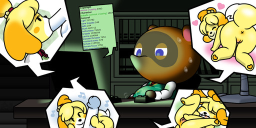 anthro anus blue_eyes bodily_fluids butt computer desk duo electronics erection fellatio female furniture genitals handjob heart_symbol looking_at_porn male oral penile pornography sex speech_bubble sweat table vulva x_anus ragnaroktopod animal_crossing nintendo isabelle_(animal_crossing) tom_nook_(animal_crossing) canid canine canis domestic_dog mammal raccoon_dog tanuki 2:1