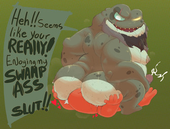 anthro beard belly big_belly big_butt bodily_fluids butt cum duo ejaculation facesitting facial_hair genital_fluids genitals green_background green_body humanoid_hands male male/male moobs musk nipples nude overweight overweight_anthro overweight_male penis red_body simple_background sitting_on_another sweat sweaty_butt text haxsmack amphibia_(series) disney captain_grime hop_pop amphibian frog toad_(frog) 2022 english_text hi_res