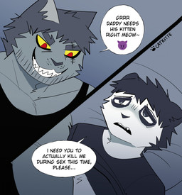 age_difference anthro bubble_text creepy_grin daddy_kink demon_emoji dialogue duo emoji forced grin imminent_rape imminent_sex male male/male malicious rape_face red_eyes sad scar sex smile smiling_face_with_horns_emoji_(emoji) suicidal suicidal_ideation text yellow_eyes catkitte panda_(catkitte) ugly_cat_(catkitte) bear felid giant_panda mammal pantherine comic english_text hi_res