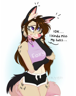 anthro biped bottomwear breasts clothed clothed_anthro clothed_female clothing countershade_torso countershading ear_piercing female fingers front_view fully_clothed fully_clothed_anthro fully_clothed_female fur hair inner_ear_fluff piercing simple_background solo standing tail teeth text topwear tuft ei-ka canid canine fox mammal 2026 digital_drawing_(artwork) digital_media_(artwork) english_text hi_res